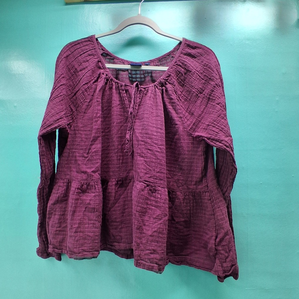 Gap Peasant Blouse L Plum Purple Cotton Crinkle Gauze Peplum Boho Tie Neck